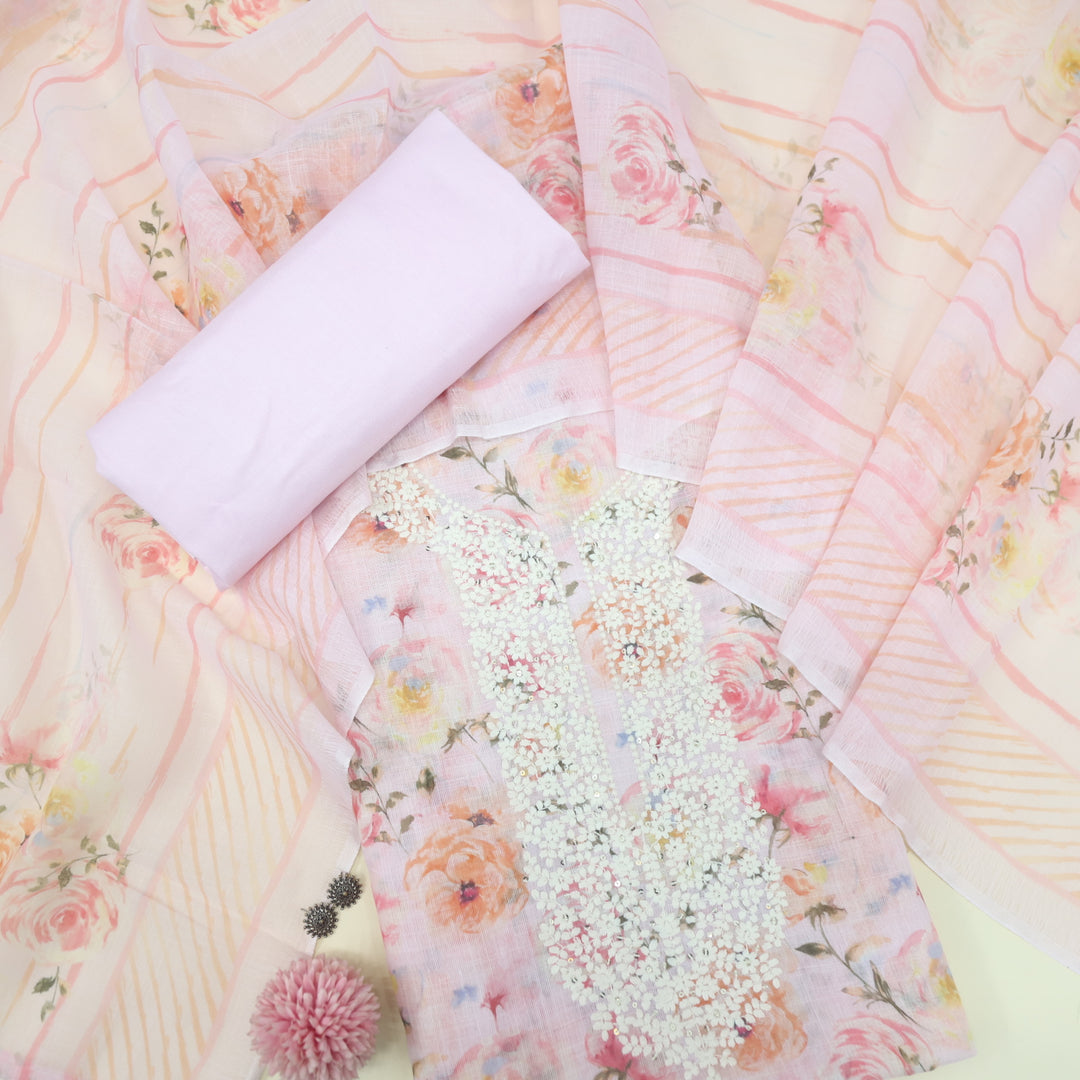 Riwayaat Baby Pink Thread Neck Work Floral Printed Cotton Linen Suit Set