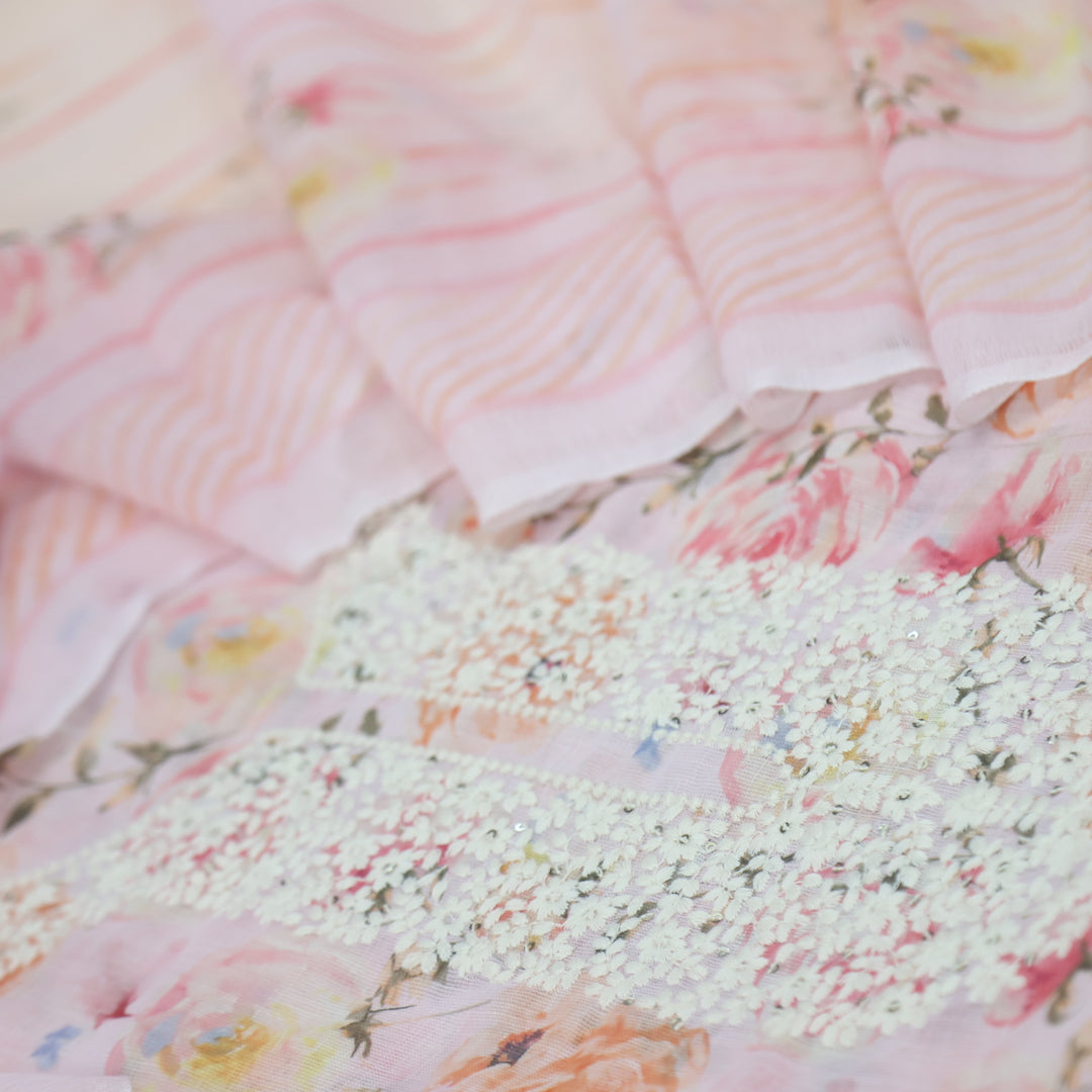 Riwayaat Baby Pink Thread Neck Work Floral Printed Cotton Linen Suit Set