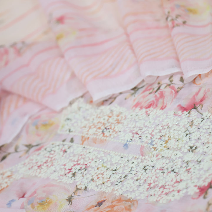 Riwayaat Baby Pink Thread Neck Work Floral Printed Cotton Linen Suit Set