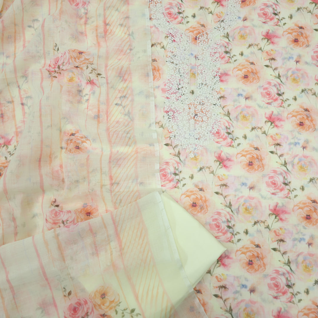 Riwayaat Banana Yellow Thread Neck Work Floral Printed Cotton Linen Suit Set