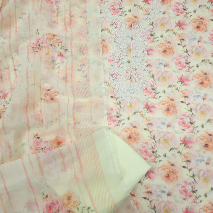 Riwayaat Banana Yellow Thread Neck Work Floral Printed Cotton Linen Suit Set