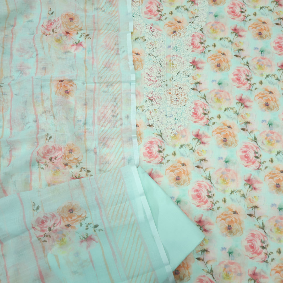 Riwayaat Baby Blue Thread Neck Work Floral Printed Cotton Linen Suit Set
