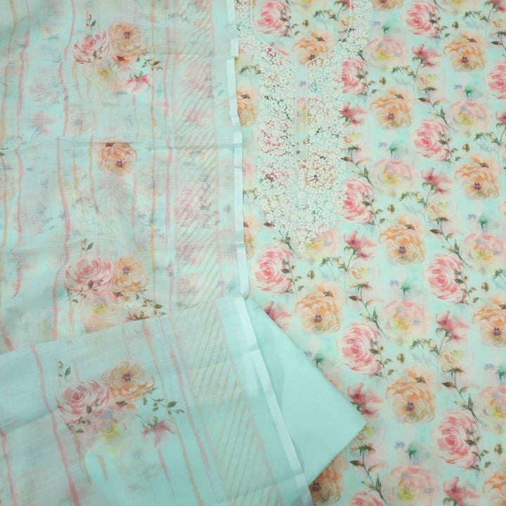 Riwayaat Baby Blue Thread Neck Work Floral Printed Cotton Linen Suit Set