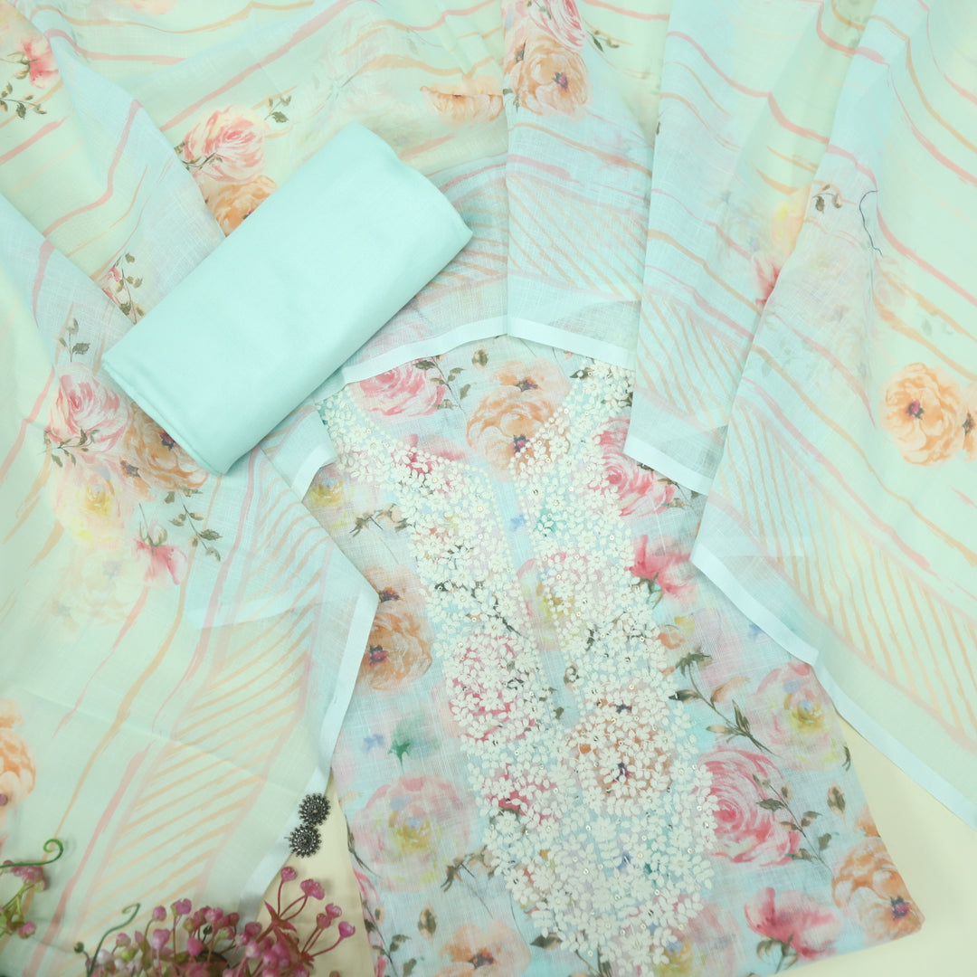 Riwayaat Baby Blue Thread Neck Work Floral Printed Cotton Linen Suit Set