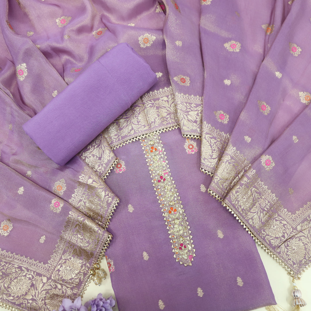 Takalluf Helio Purple Embroidered Neck Shimmer Tissue Chanderi Suit Set