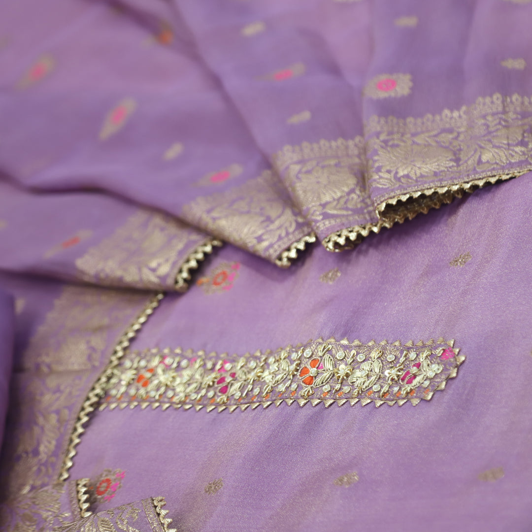 Takalluf Helio Purple Embroidered Neck Shimmer Tissue Chanderi Suit Set