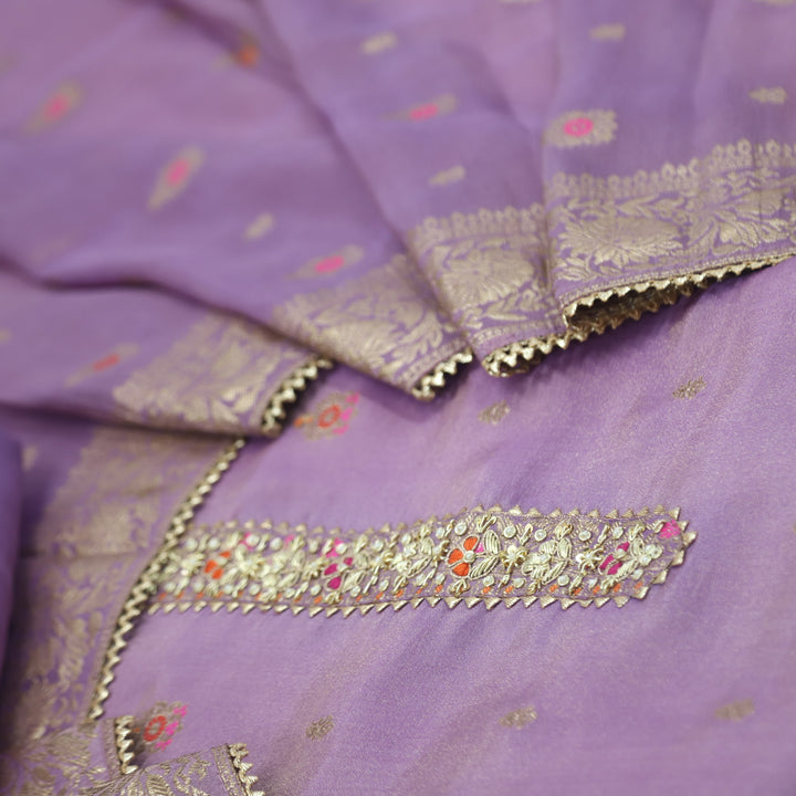 Takalluf Helio Purple Embroidered Neck Shimmer Tissue Chanderi Suit Set