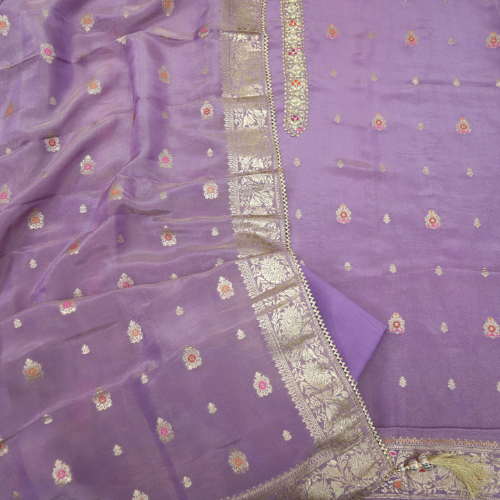 Takalluf Helio Purple Embroidered Neck Shimmer Tissue Chanderi Suit Set
