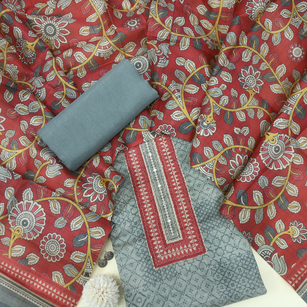 Zameer Slate Grey Zari Neck Work Printed Tusaar Chanderi Suit Set