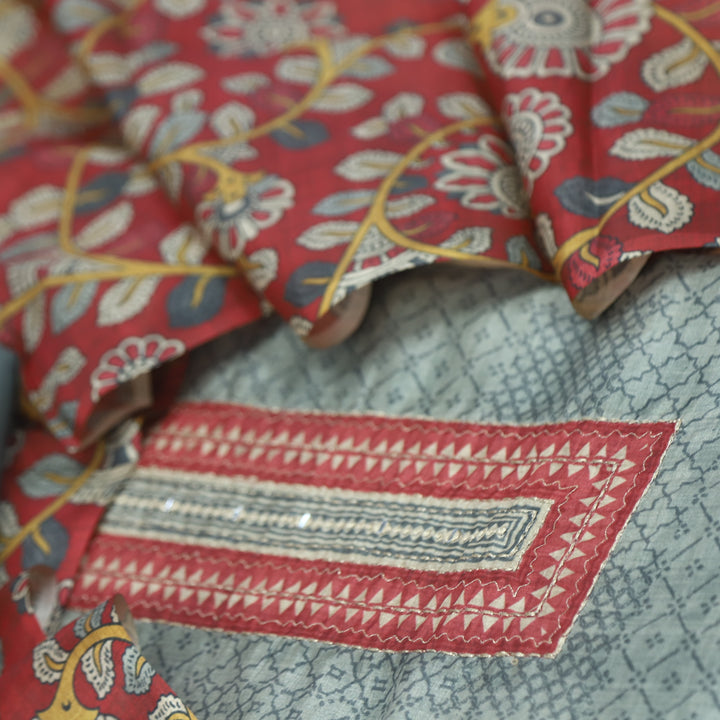 Zameer Slate Grey Zari Neck Work Printed Tusaar Chanderi Suit Set