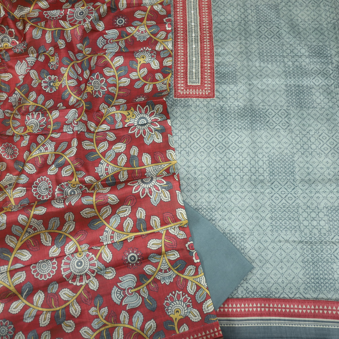 Zameer Slate Grey Zari Neck Work Printed Tusaar Chanderi Suit Set