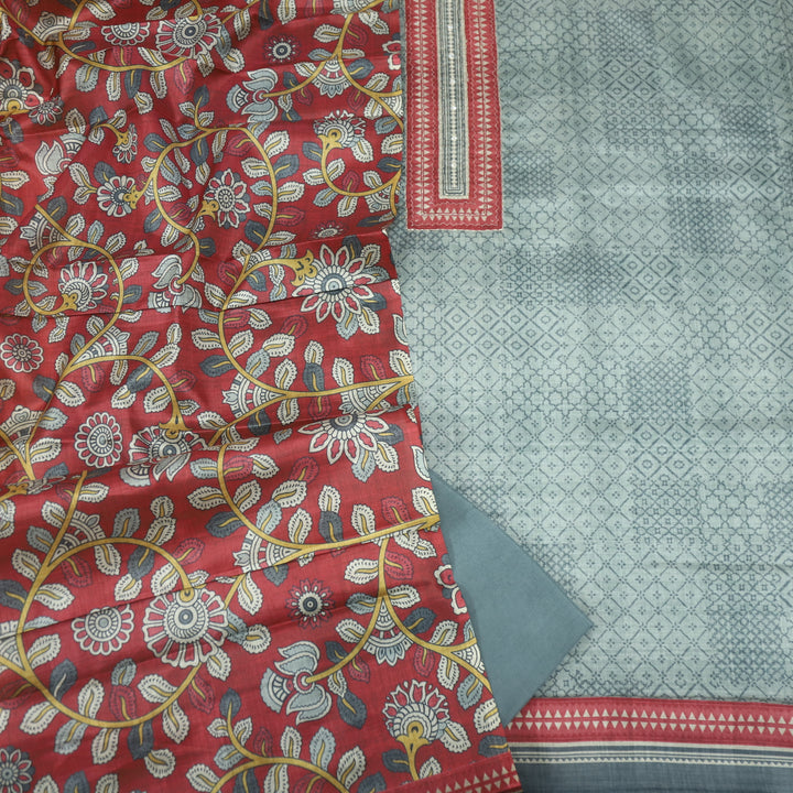 Zameer Slate Grey Zari Neck Work Printed Tusaar Chanderi Suit Set