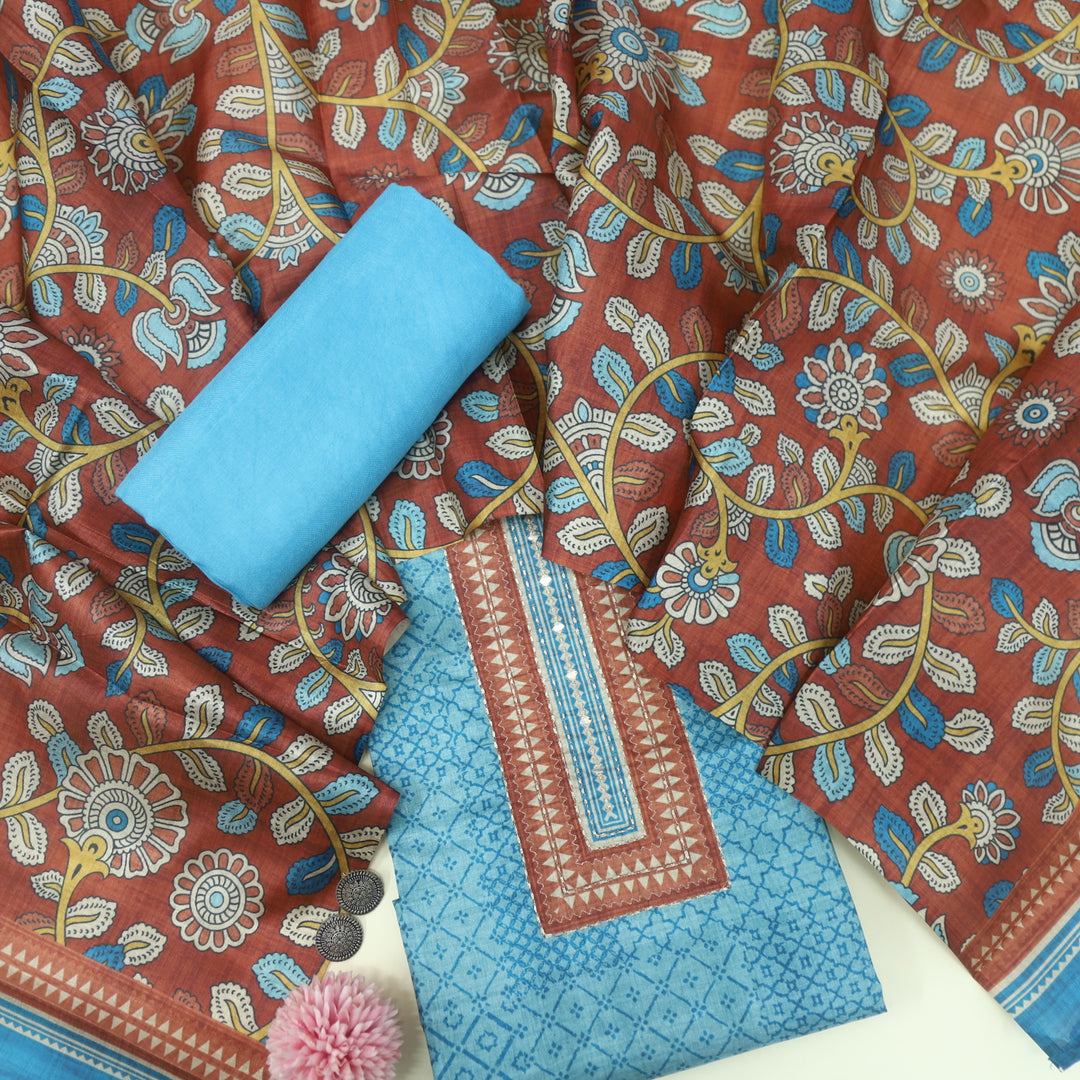 Zameer Pacific Blue Zari Neck Work Printed Tusaar Chanderi Suit Set