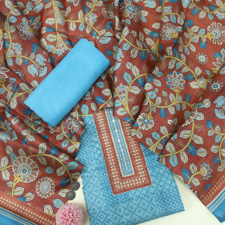 Zameer Pacific Blue Zari Neck Work Printed Tusaar Chanderi Suit Set