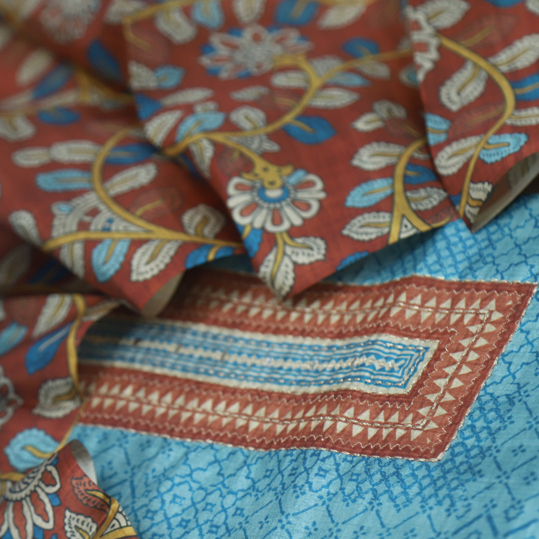 Zameer Pacific Blue Zari Neck Work Printed Tusaar Chanderi Suit Set