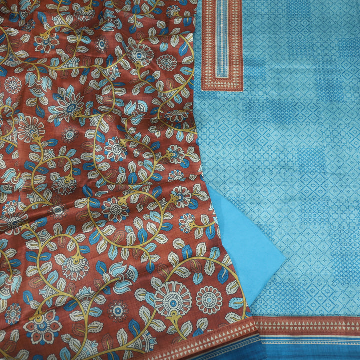 Zameer Pacific Blue Zari Neck Work Printed Tusaar Chanderi Suit Set