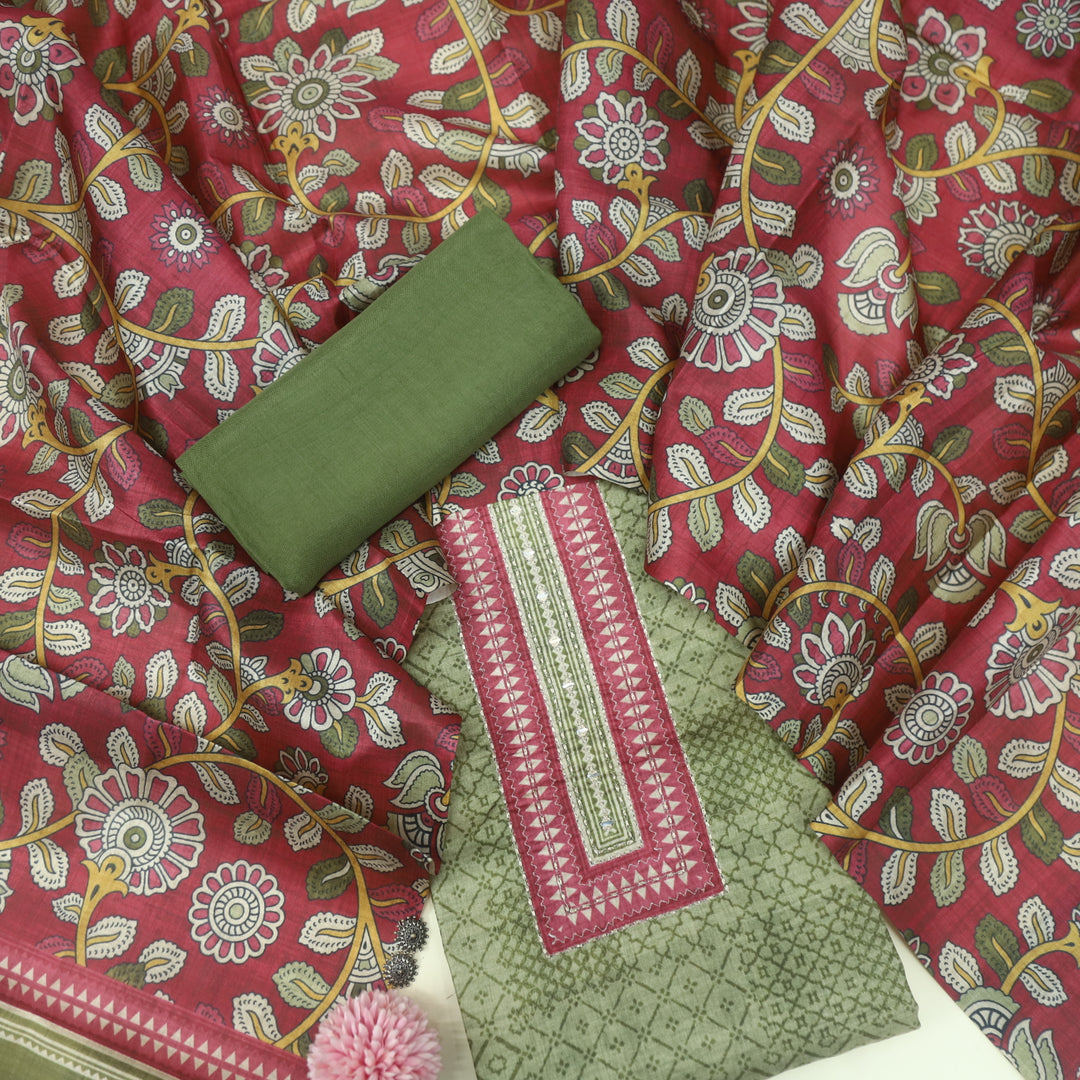 Zameer Fern Green Zari Neck Work Printed Tusaar Chanderi Suit Set