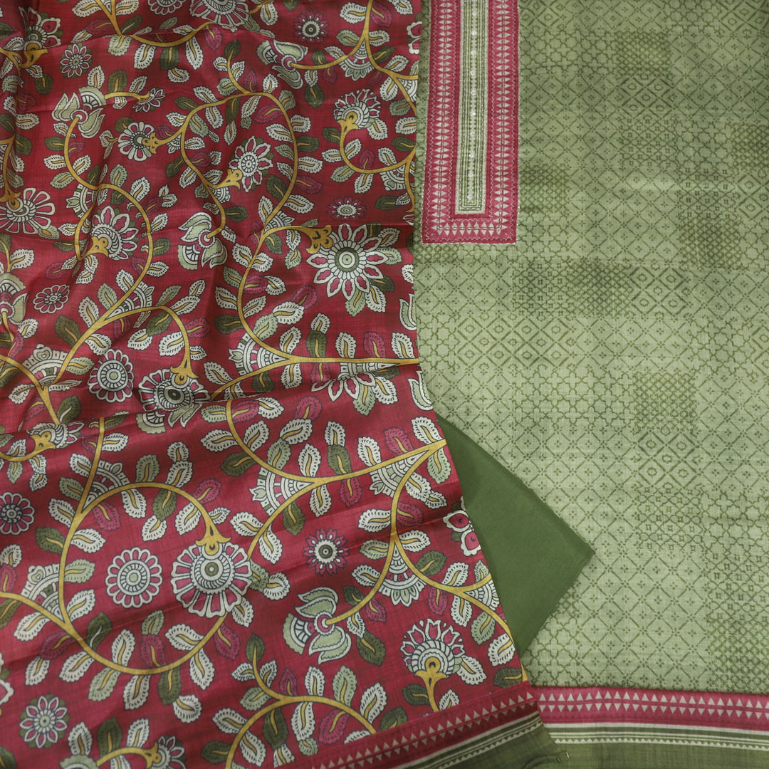 Zameer Fern Green Zari Neck Work Printed Tusaar Chanderi Suit Set