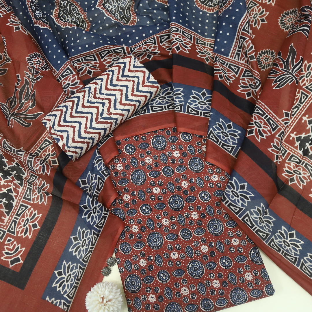 Tasavvur Cherry Red All Over Ajrak Printed Jam Cotton Suit Set D2