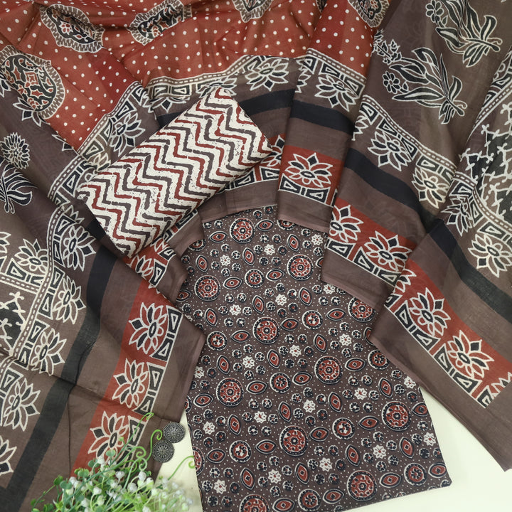 Tasavvur  Choco Brown All Over Ajrak Printed Jam Cotton Suit Set D2