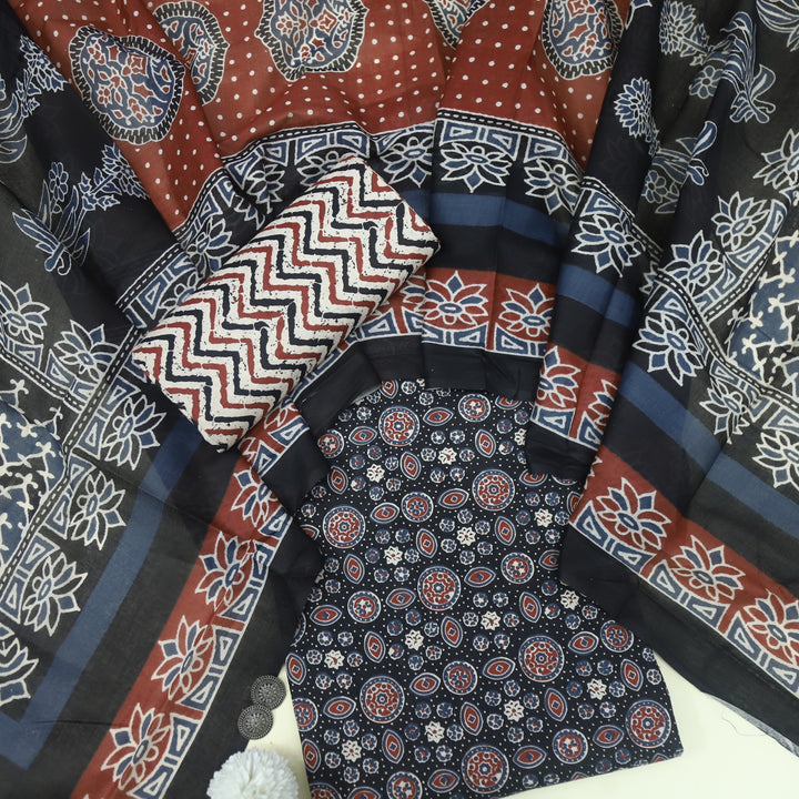 Tasavvur  Ebony Black All Over Ajrak Printed Jam Cotton Suit Set D2