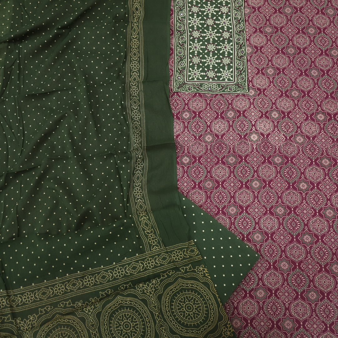 Sanak Fuchsia Pink Patra with Thread Work Ajrak Printed Cotton Suit Set