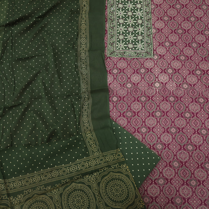 Sanak Fuchsia Pink Patra with Thread Work Ajrak Printed Cotton Suit Set