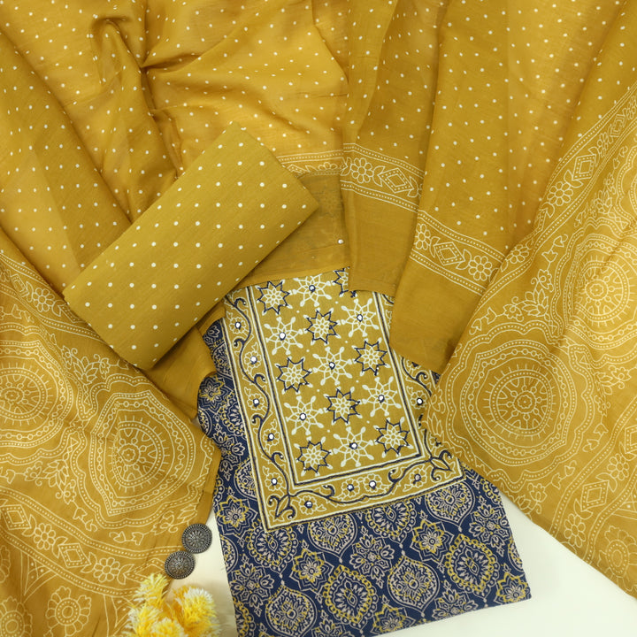 Sanak Indigo Blue Patra with Thread Work Ajrak Printed Cotton Suit Set