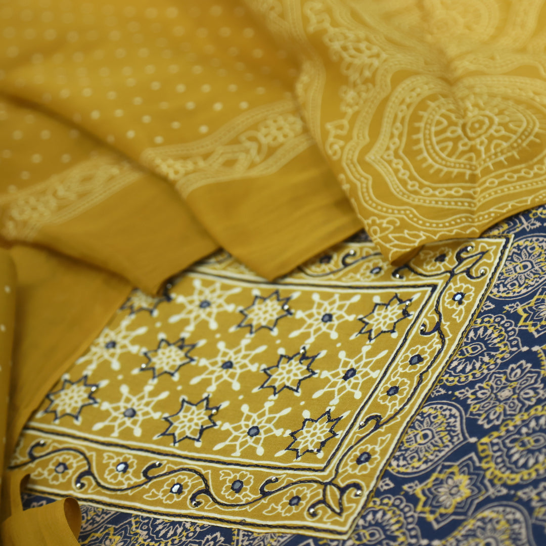 Sanak Indigo Blue Patra with Thread Work Ajrak Printed Cotton Suit Set