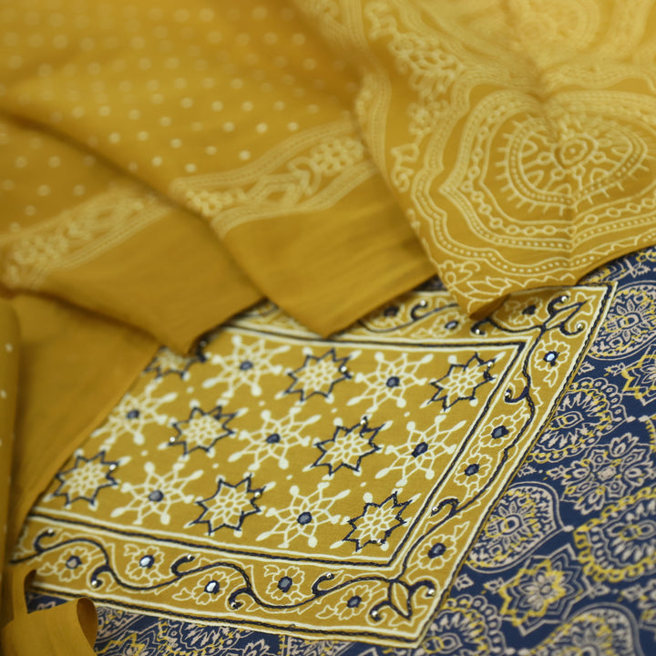 Sanak Indigo Blue Patra with Thread Work Ajrak Printed Cotton Suit Set
