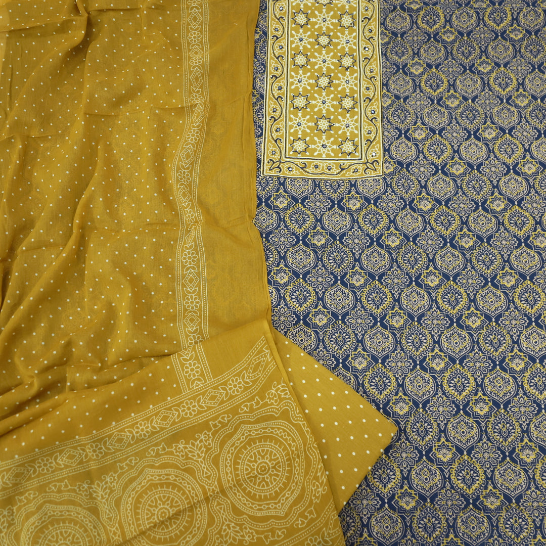 Sanak Indigo Blue Patra with Thread Work Ajrak Printed Cotton Suit Set