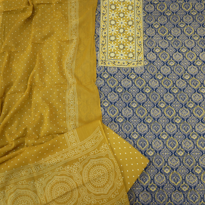Sanak Indigo Blue Patra with Thread Work Ajrak Printed Cotton Suit Set