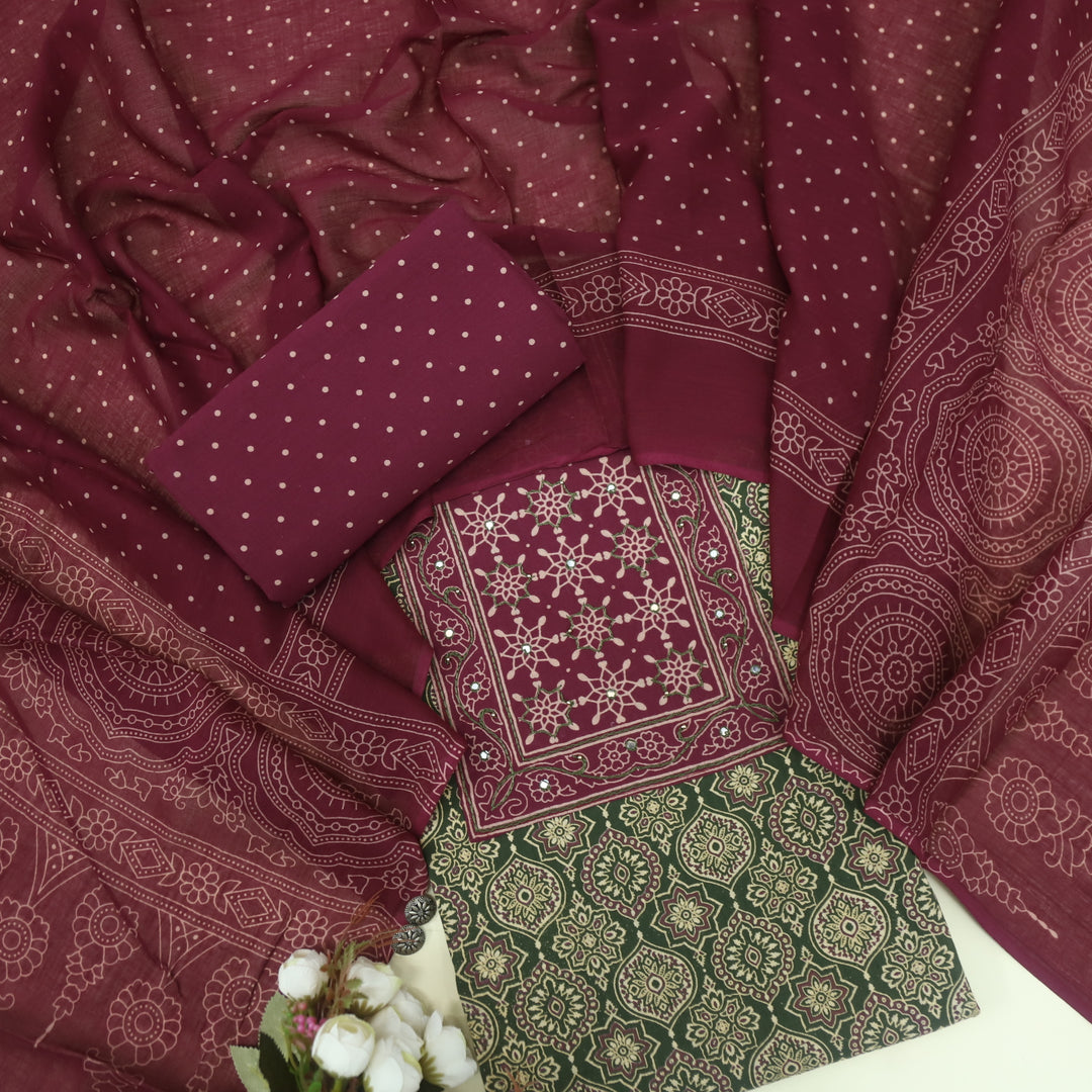 Sanak Moss Green Patra with Thread Work Ajrak Printed Cotton Suit Set