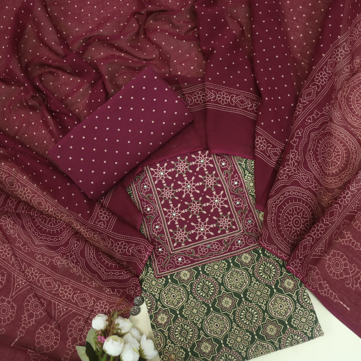 Sanak Moss Green Patra with Thread Work Ajrak Printed Cotton Suit Set