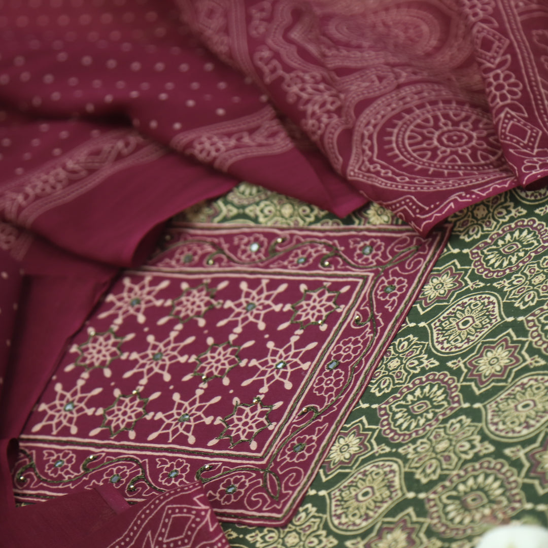 Sanak Moss Green Patra with Thread Work Ajrak Printed Cotton Suit Set