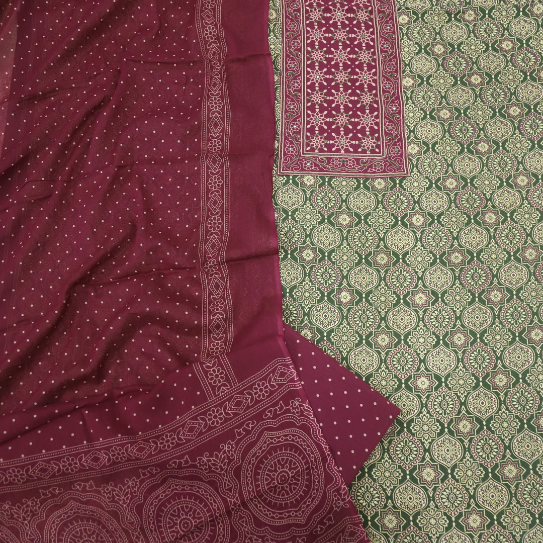 Sanak Moss Green Patra with Thread Work Ajrak Printed Cotton Suit Set