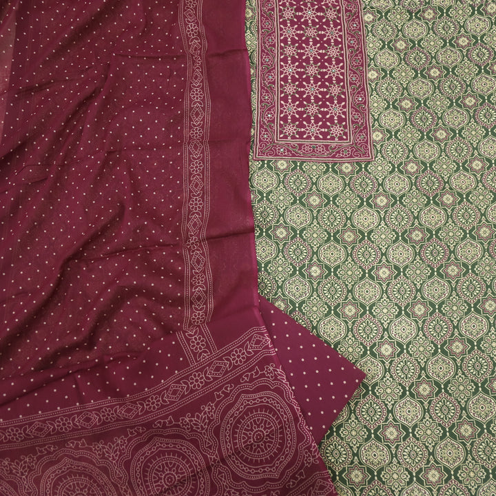 Sanak Moss Green Patra with Thread Work Ajrak Printed Cotton Suit Set