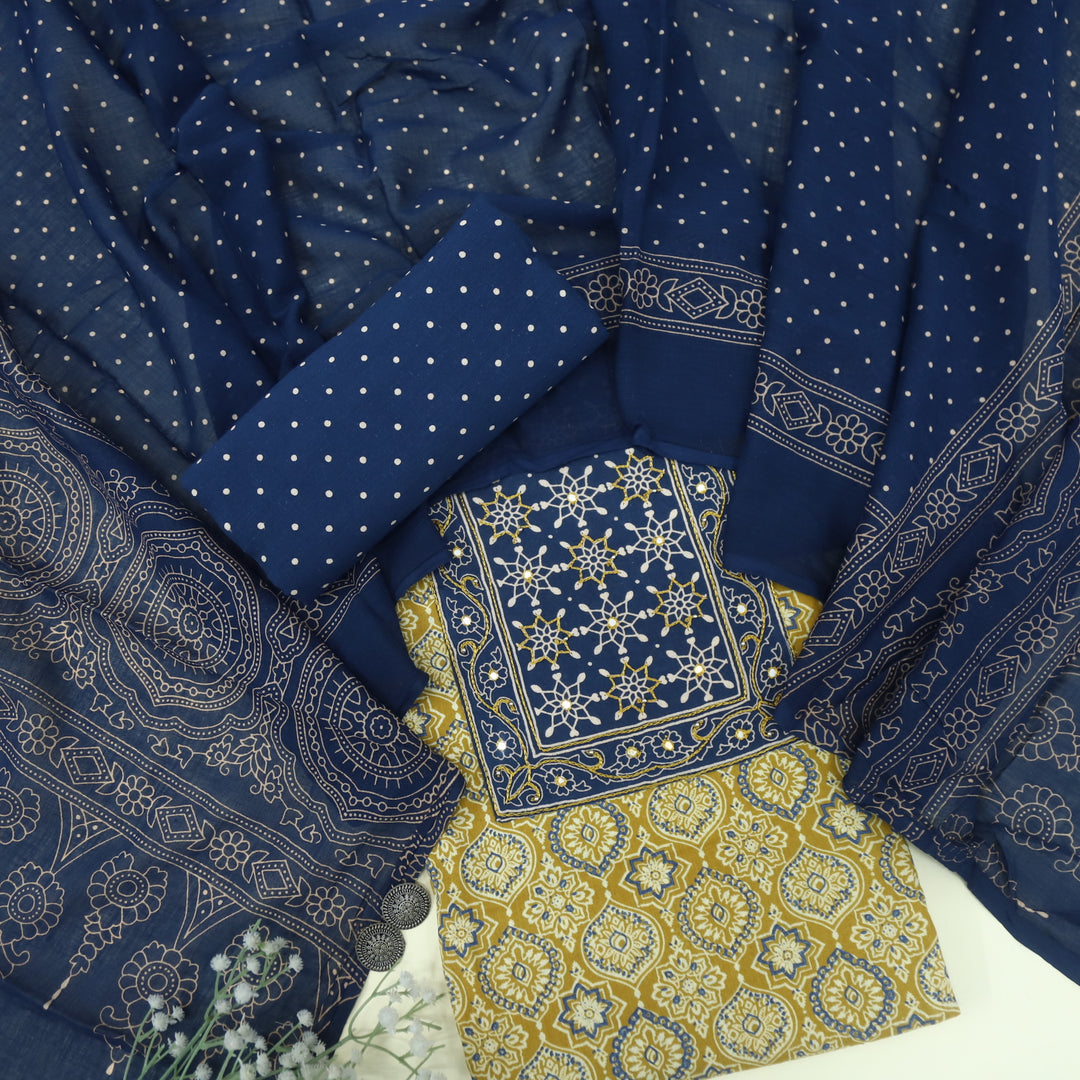 Sanak Goldenrod Yellow Patra with Thread Work Ajrak Printed Cotton Suit Set