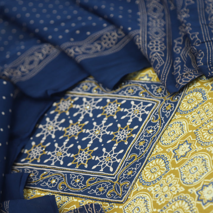Sanak Goldenrod Yellow Patra with Thread Work Ajrak Printed Cotton Suit Set