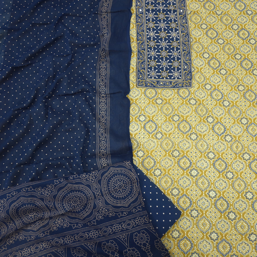 Sanak Goldenrod Yellow Patra with Thread Work Ajrak Printed Cotton Suit Set