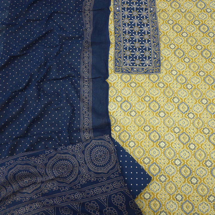 Sanak Goldenrod Yellow Patra with Thread Work Ajrak Printed Cotton Suit Set