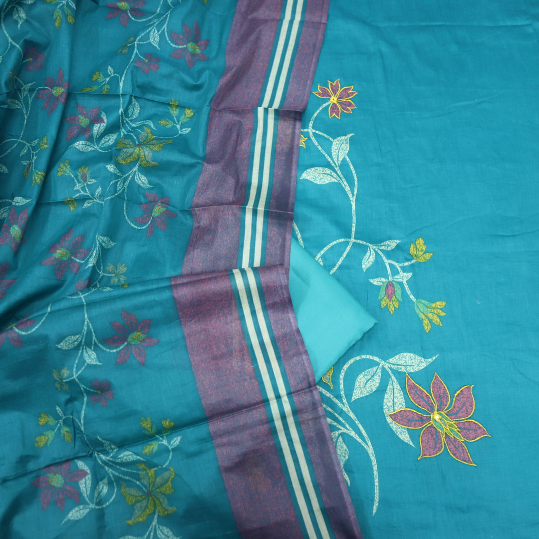 Deewana Teal Blue Floral Print Thread Work Jam Cotton Satin Suit Set