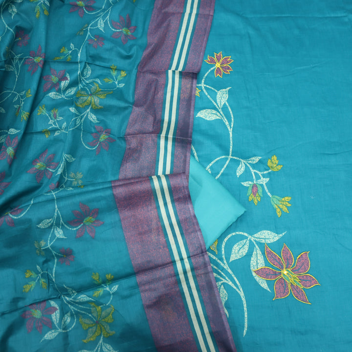 Deewana Teal Blue Floral Print Thread Work Jam Cotton Satin Suit Set