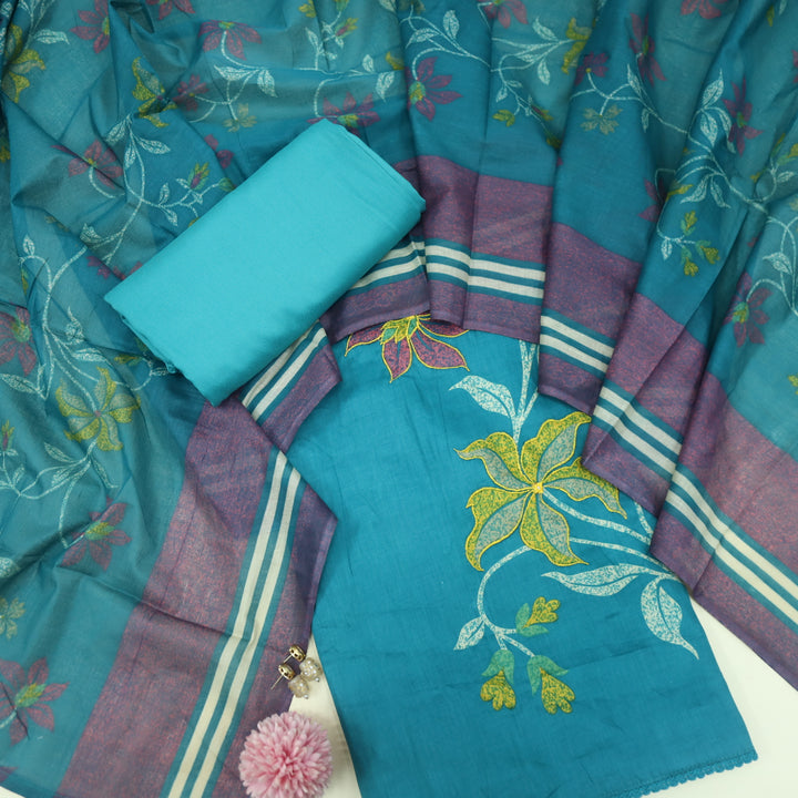 Deewana Teal Blue Floral Print Thread Work Jam Cotton Satin Suit Set