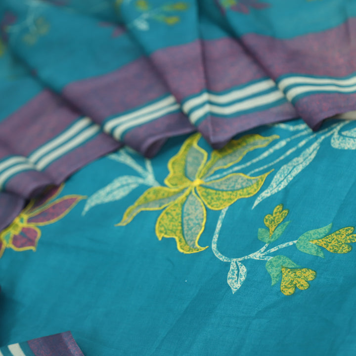 Deewana Teal Blue Floral Print Thread Work Jam Cotton Satin Suit Set