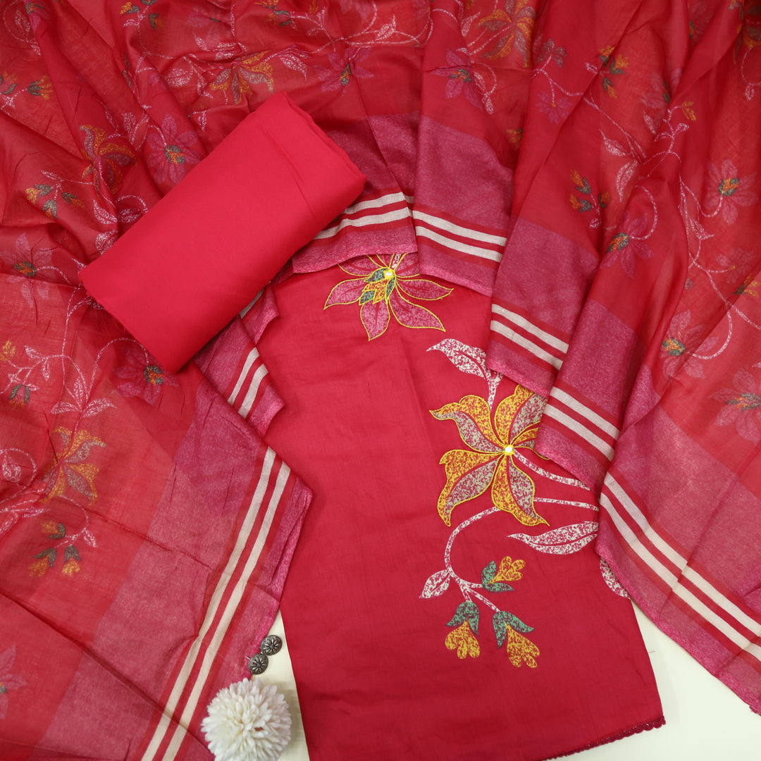 Deewana Ruby Red Floral Print Thread Work Jam Cotton Satin Suit Set