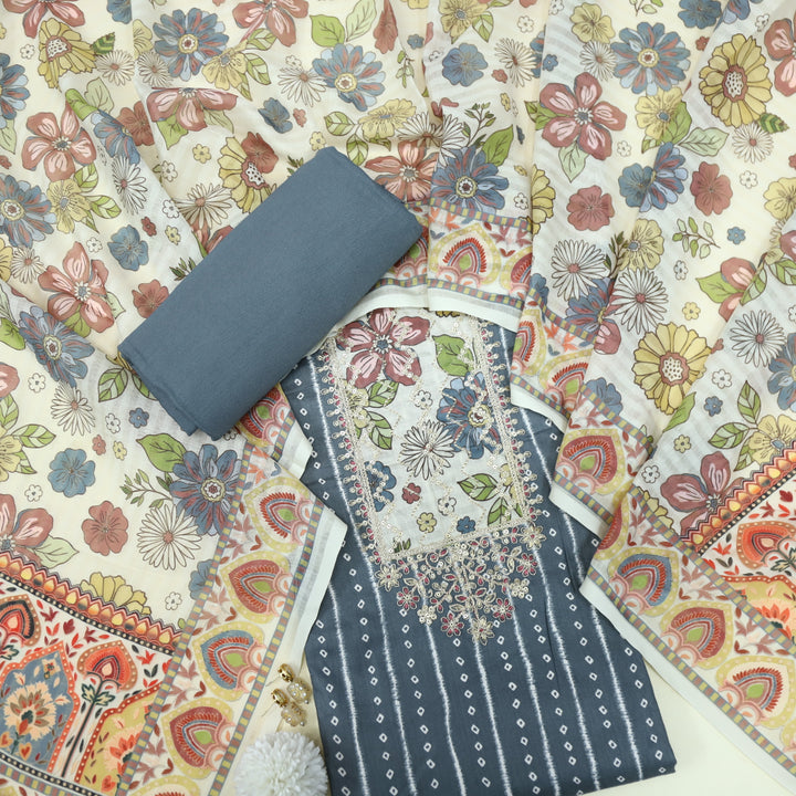 Mastana Shadow Grey Bandhani Print Zari Work Neck Jam Cotton Suit Set