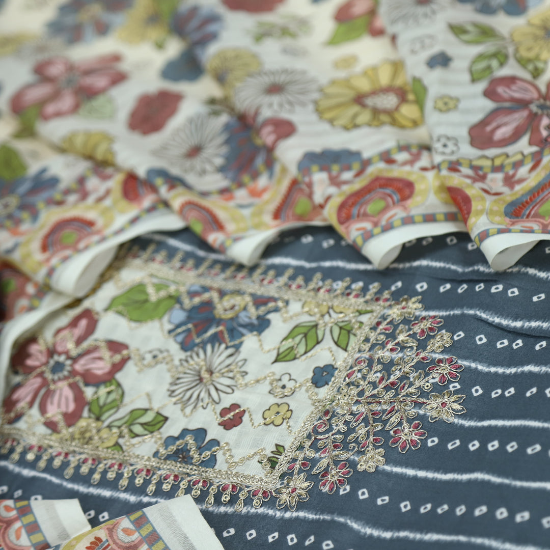 Mastana Shadow Grey Bandhani Print Zari Work Neck Jam Cotton Suit Set