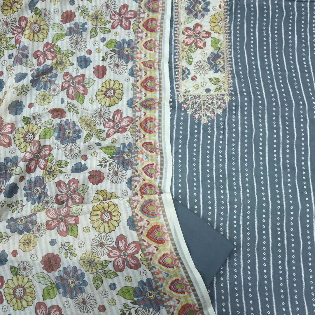 Mastana Shadow Grey Bandhani Print Zari Work Neck Jam Cotton Suit Set