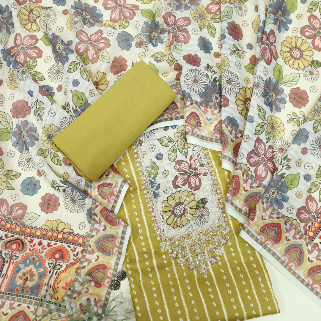 Mastana Mustard Yellow Bandhani Print Zari Work Neck Jam Cotton Suit Set